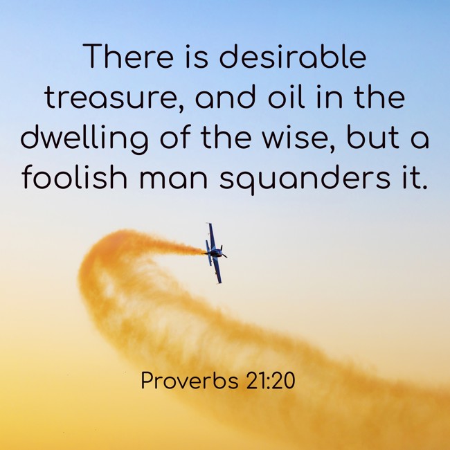 There is desirable treasure, and oil in the dwelling of the wise, but a foolish man squanders it. - Proverbs 21:20