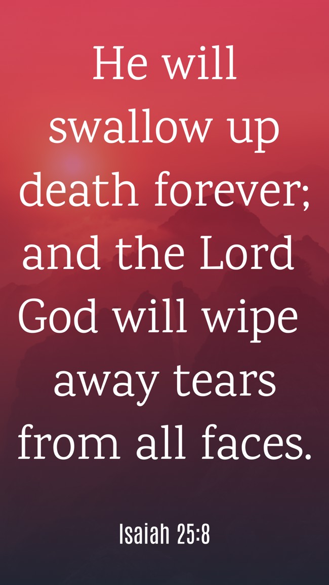 He will swallow up death forever; and the Lord God will wipe away tears from all faces. - Isaiah 25:8