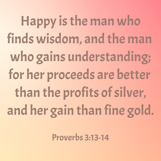 Happy is the man who finds wisdom, and the man who gains understanding; for her proceeds are better than the profits of silver, and her gain than fine gold. - Proverbs 3:13-14