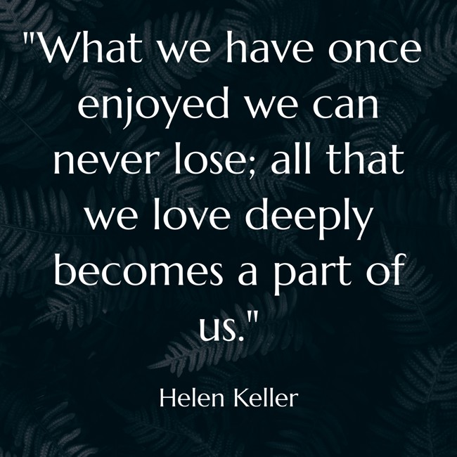 What we have once enjoyed we can never lose; all that we love deeply becomes a part of us. - Helen Keller