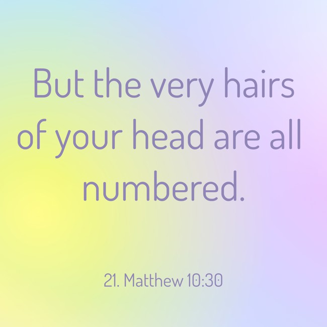 But the very hairs of your head are all numbered. - 21. Matthew 10:30
