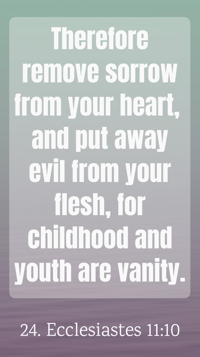 Therefore remove sorrow from your heart, and put away evil from your flesh, for childhood and youth are vanity. - 24. Ecclesiastes 11:10