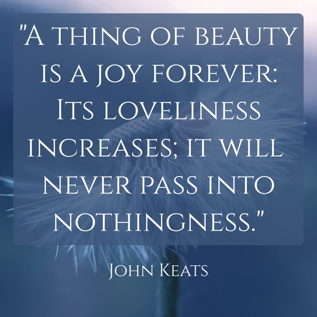 A thing of beauty is a joy forever: Its loveliness increases; it will never pass into nothingness. - John Keats