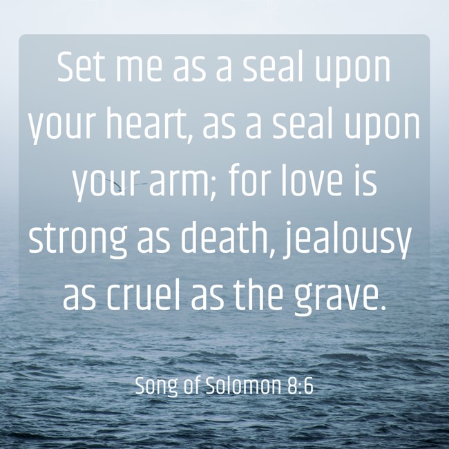 Set me as a seal upon your heart, as a seal upon your arm; for love is strong as death, jealousy as cruel as the grave. - Song of Solomon 8:6