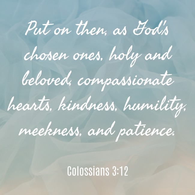 Put on then, as God's chosen ones, holy and beloved, compassionate hearts, kindness, humility, meekness, and patience. - Colossians 3:12