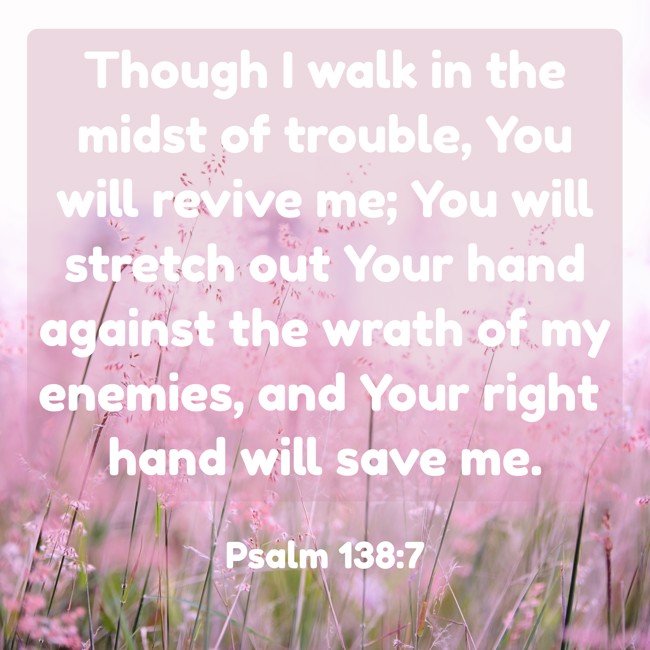 Though I walk in the midst of trouble, You will revive me; You will stretch out Your hand against the wrath of my enemies, and Your right hand will save me. - Psalm 138:7