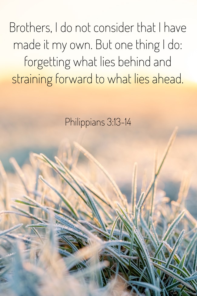 Brothers, I do not consider that I have made it my own. But one thing I do: forgetting what lies behind and straining forward to what lies ahead. - Philippians 3:13-14