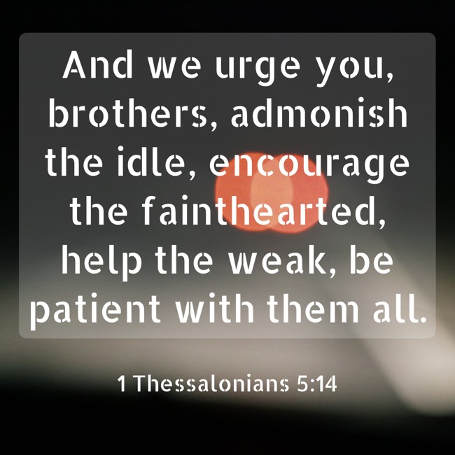 And we urge you, brothers, admonish the idle, encourage the fainthearted, help the weak, be patient with them all. - 1 Thessalonians 5:14