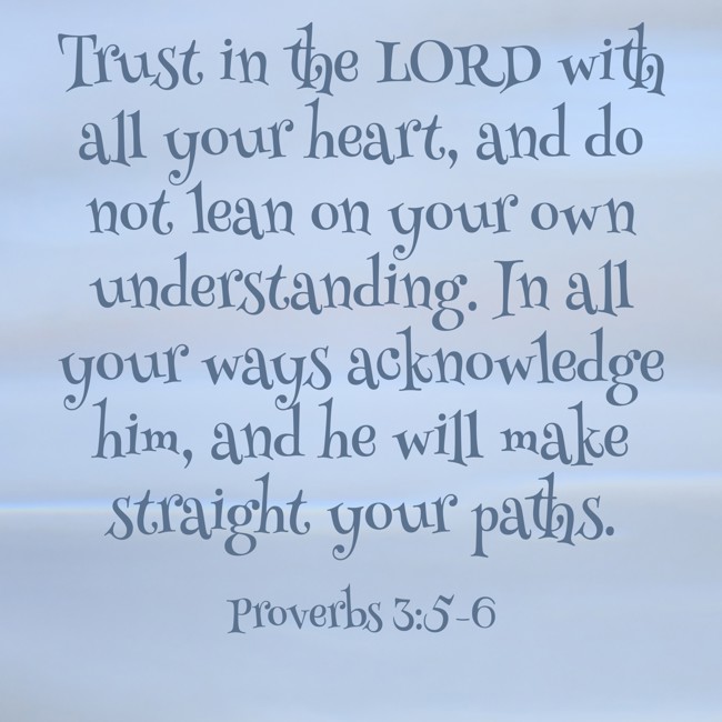 Trust in the LORD with all your heart, and do not lean on your own understanding. In all your ways acknowledge him, and he will make straight your paths. - Proverbs 3:5-6