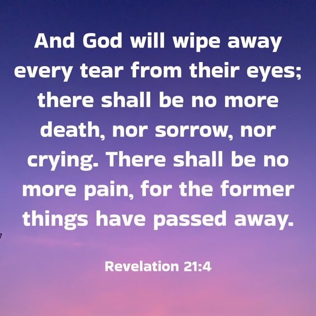 And God will wipe away every tear from their eyes; there shall be no more death, nor sorrow, nor crying. There shall be no more pain, for the former things have passed away. - Revelation 21:4
