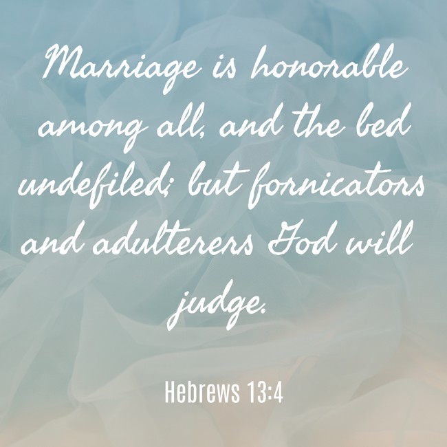 Marriage is honorable among all, and the bed undefiled; but fornicators and adulterers God will judge. - Hebrews 13:4