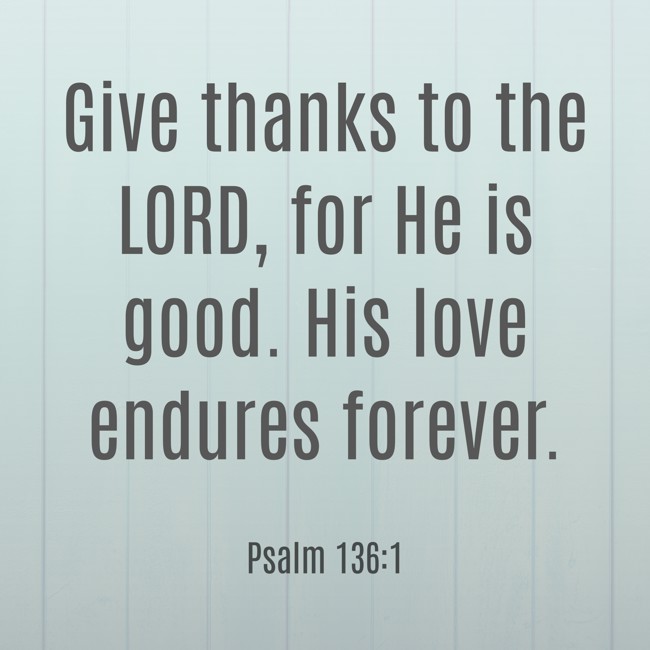 Give thanks to the LORD, for He is good. His love endures forever. - Psalm 136:1