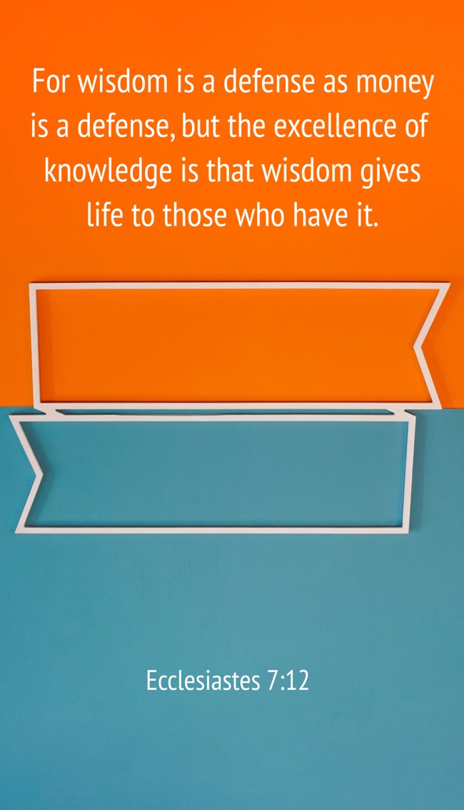  For wisdom is a defense as money is a defense, but the excellence of knowledge is that wisdom gives life to those who have it.   - Ecclesiastes 7:12 
