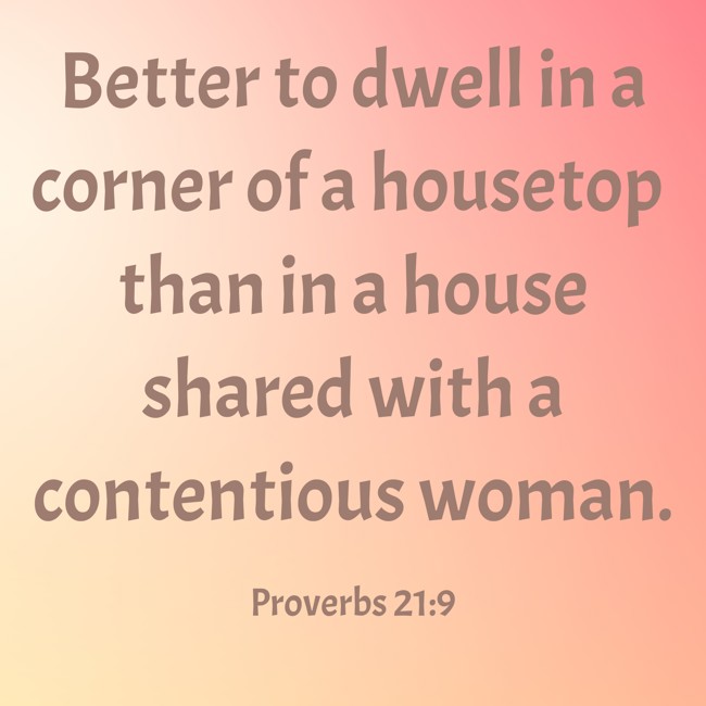 Better to dwell in a corner of a housetop than in a house shared with a contentious woman. - Proverbs 21:9