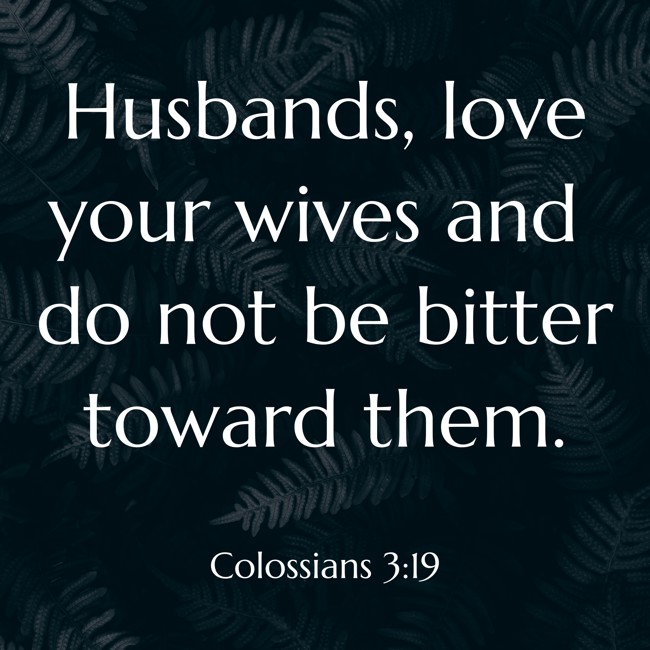 Husbands, love your wives and do not be bitter toward them. - Colossians 3:19