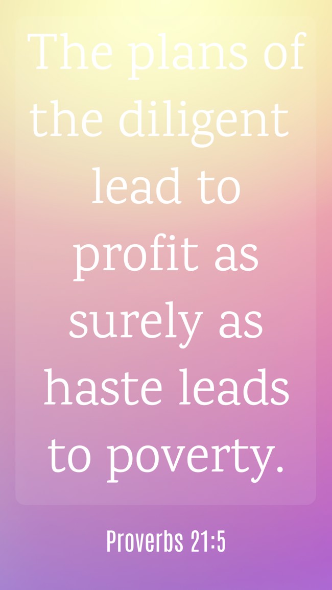 The plans of the diligent lead to profit as surely as haste leads to poverty. - Proverbs 21:5