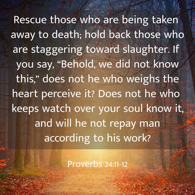Rescue those who are being taken away to death; hold back those who are staggering toward slaughter. If you say, “Behold, we did not know this,” does not he who weighs the heart perceive it? Does not he who keeps watch over your soul know it, and will he not repay man according to his work? - Proverbs 24:11-12