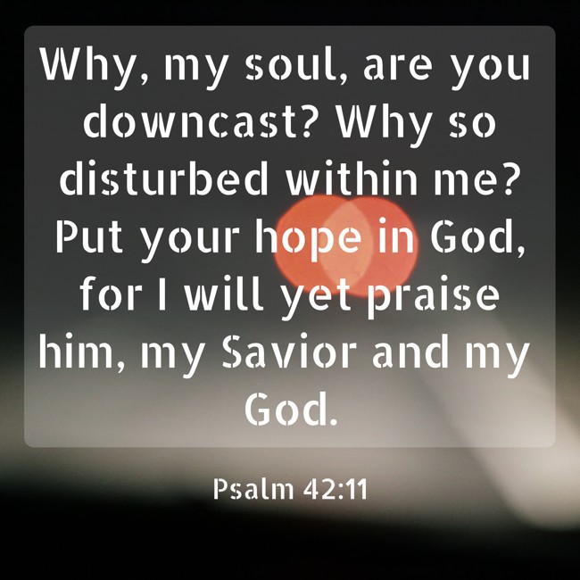 Why, my soul, are you downcast? Why so disturbed within me? Put your hope in God, for I will yet praise him, my Savior and my God. - Psalm 42:11