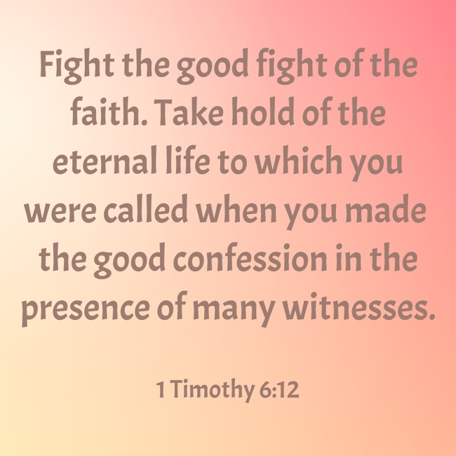 Fight the good fight of the faith. Take hold of the eternal life to which you were called when you made the good confession in the presence of many witnesses. - 1 Timothy 6:12