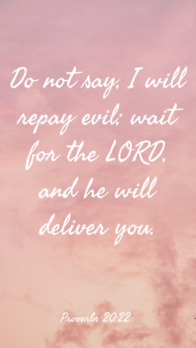 Do not say, I will repay evil; wait for the LORD, and he will deliver you. - Proverbs 20:22