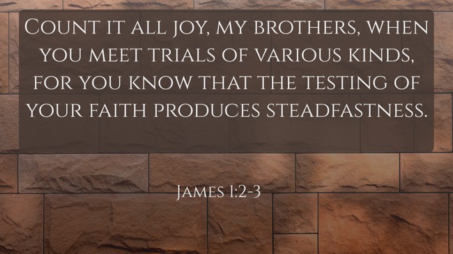 Count it all joy, my brothers, when you meet trials of various kinds, for you know that the testing of your faith produces steadfastness. - James 1:2-3