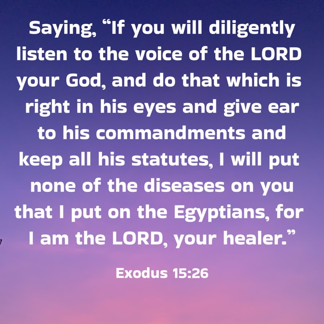 Saying, “If you will diligently listen to the voice of the LORD your God, and do that which is right in his eyes and give ear to his commandments and keep all his statutes, I will put none of the diseases on you that I put on the Egyptians, for I am the LORD, your healer.”   - Exodus 15:26 