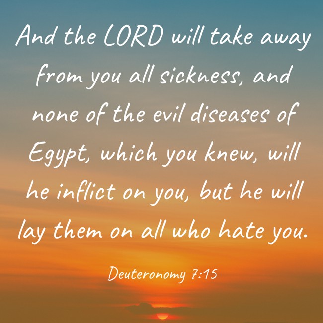  And the LORD will take away from you all sickness, and none of the evil diseases of Egypt, which you knew, will he inflict on you, but he will lay them on all who hate you.   - Deuteronomy 7:15 