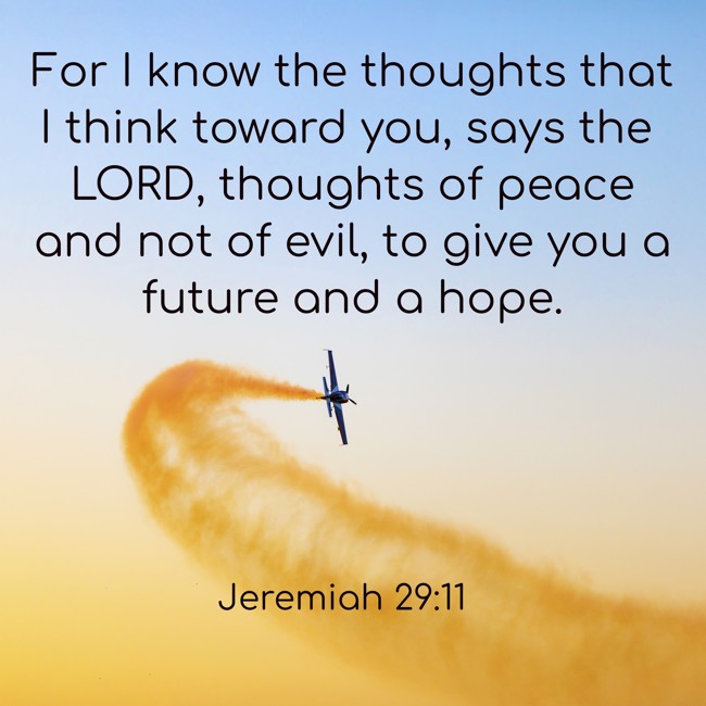 For I know the thoughts that I think toward you, says the LORD, thoughts of peace and not of evil, to give you a future and a hope. - Jeremiah 29:11