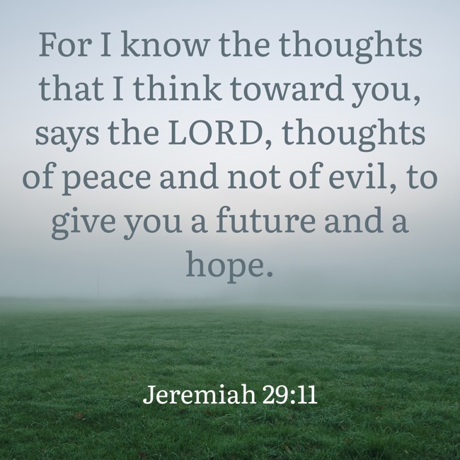 For I know the thoughts that I think toward you, says the LORD, thoughts of peace and not of evil, to give you a future and a hope. - Jeremiah 29:11