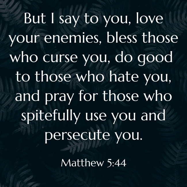 But I say to you, love your enemies, bless those who curse you, do good to those who hate you, and pray for those who spitefully use you and persecute you. - Matthew 5:44
