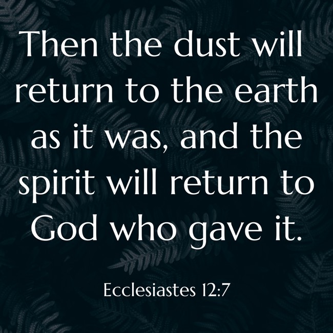 Then the dust will return to the earth as it was, and the spirit will return to God who gave it. - Ecclesiastes 12:7