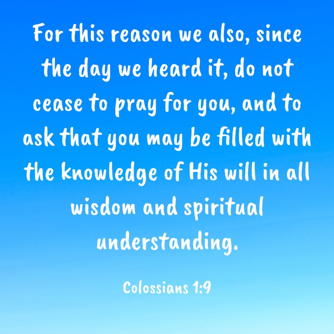 For this reason we also, since the day we heard it, do not cease to pray for you, and to ask that you may be filled with the knowledge of His will in all wisdom and spiritual understanding. - Colossians 1:9