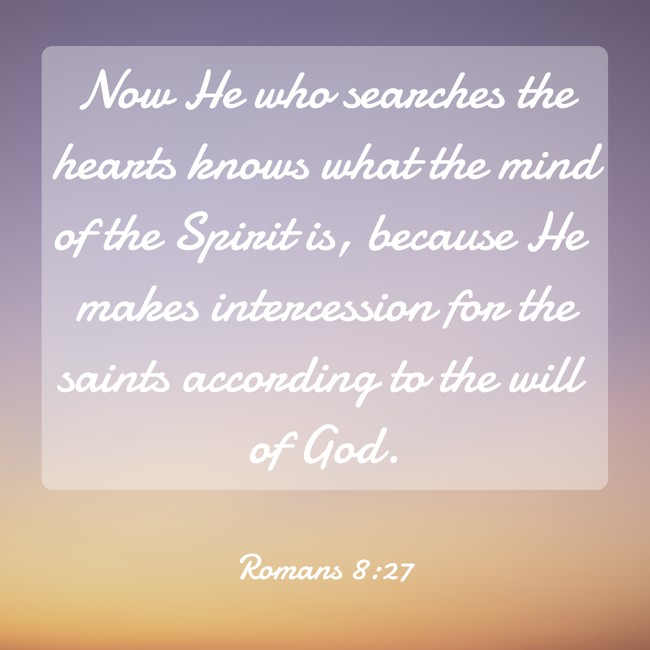 Now He who searches the hearts knows what the mind of the Spirit is, because He makes intercession for the saints according to the will of God. - Romans 8:27