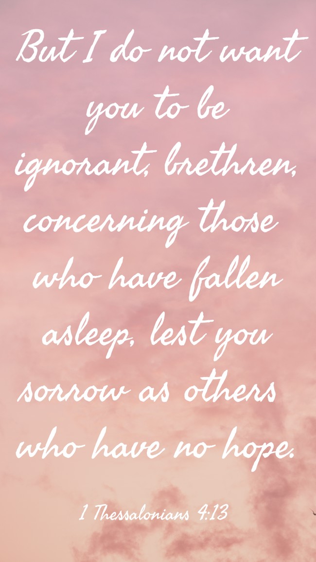 But I do not want you to be ignorant, brethren, concerning those who have fallen asleep, lest you sorrow as others who have no hope. - 1 Thessalonians 4:13