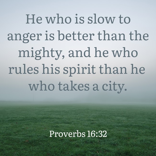 He who is slow to anger is better than the mighty, and he who rules his spirit than he who takes a city. - Proverbs 16:32