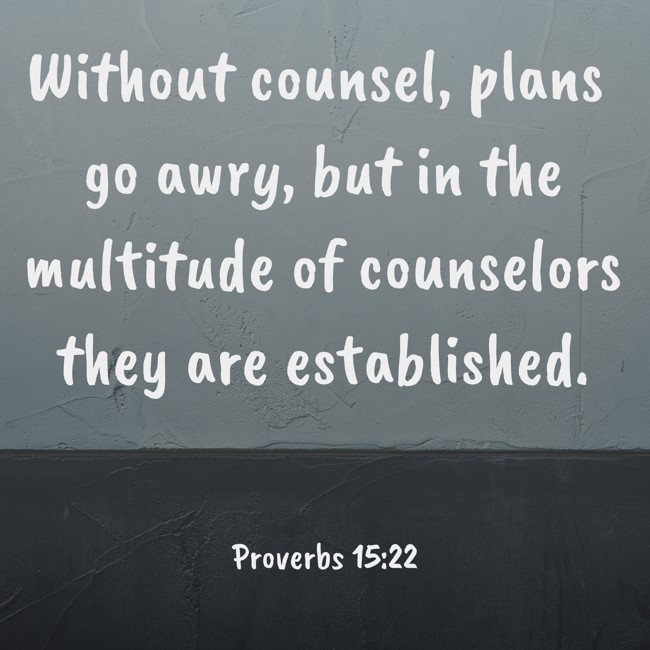 Without counsel, plans go awry, but in the multitude of counselors they are established. - Proverbs 15:22