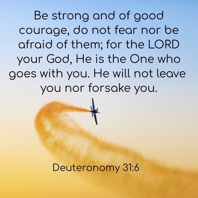 Be strong and of good courage, do not fear nor be afraid of them; for the LORD your God, He is the One who goes with you. He will not leave you nor forsake you. - Deuteronomy 31:6