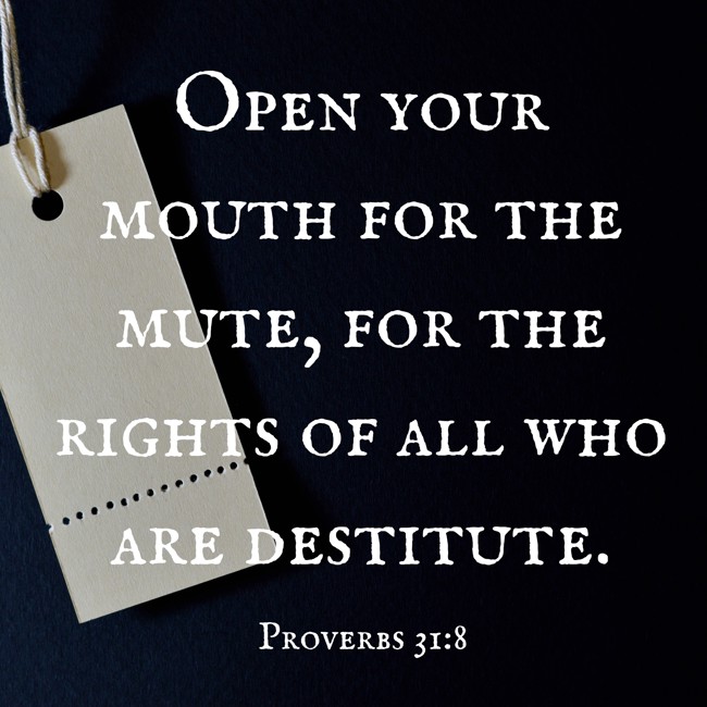 Open your mouth for the mute, for the rights of all who are destitute.   - Proverbs 31:8 