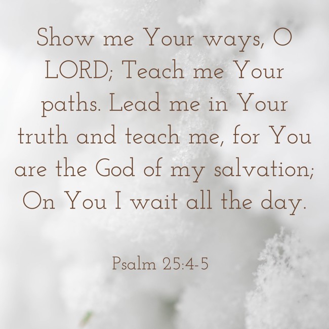 Show me Your ways, O LORD; Teach me Your paths. Lead me in Your truth and teach me, for You are the God of my salvation; On You I wait all the day. - Psalm 25:4-5