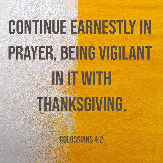 Continue earnestly in prayer, being vigilant in it with thanksgiving. - Colossians 4:2