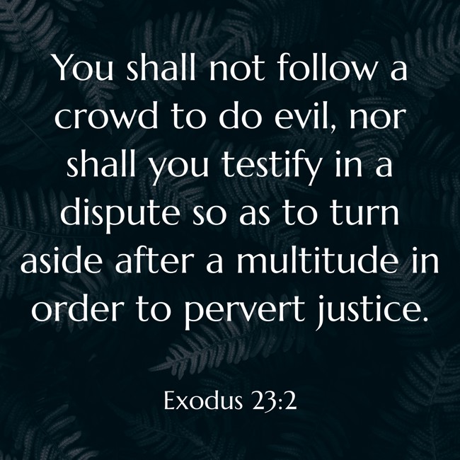  You shall not follow a crowd to do evil, nor shall you testify in a dispute so as to turn aside after a multitude in order to pervert justice.   - Exodus 23:2 
