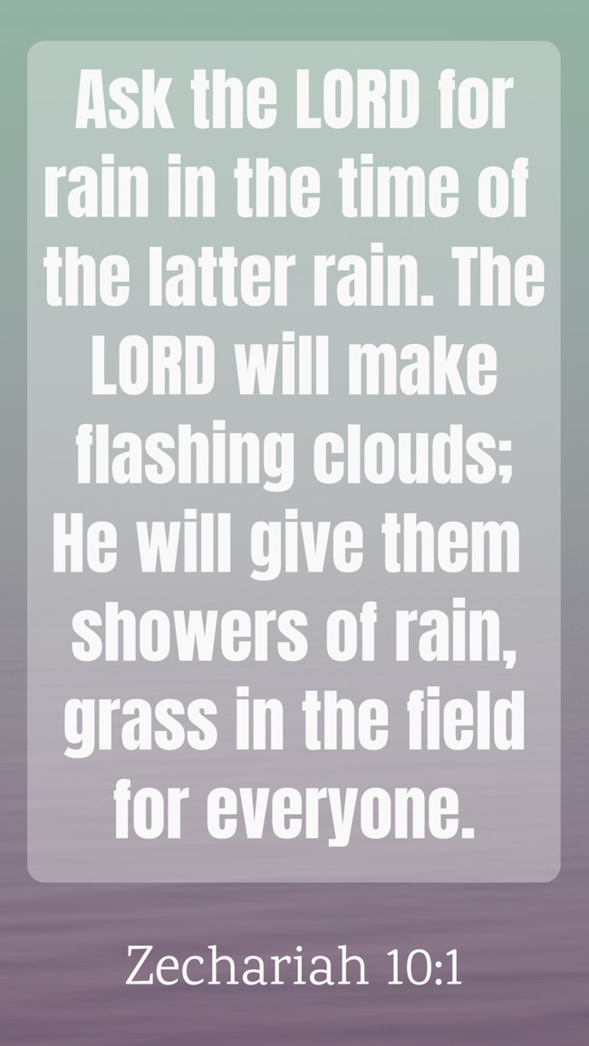 Ask the LORD for rain in the time of the latter rain. The LORD will make flashing clouds; He will give them showers of rain, grass in the field for everyone. - Zechariah 10:1