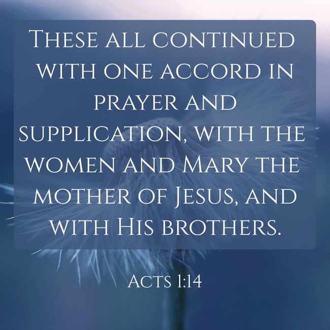 These all continued with one accord in prayer and supplication, with the women and Mary the mother of Jesus, and with His brothers. - Acts 1:14