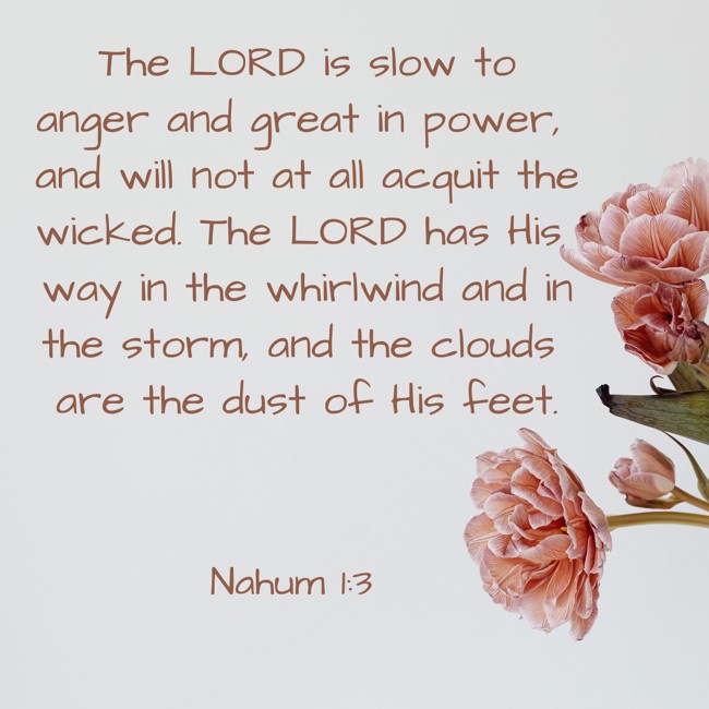 The LORD is slow to anger and great in power, and will not at all acquit the wicked. The LORD has His way in the whirlwind and in the storm, and the clouds are the dust of His feet. - Nahum 1:3