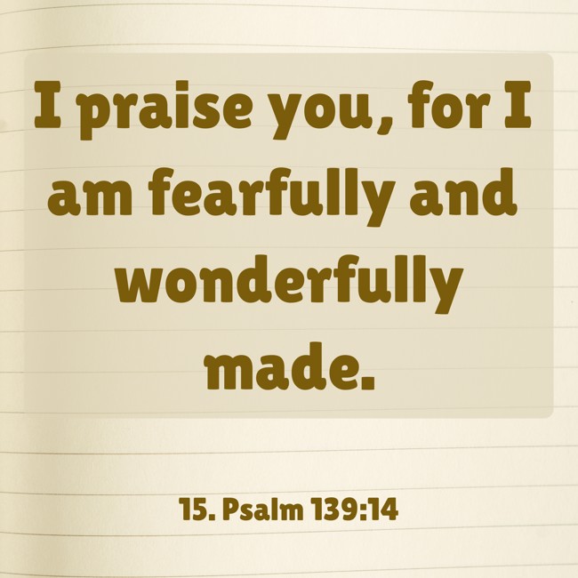 I praise you, for I am fearfully and wonderfully made. - 15. Psalm 139:14