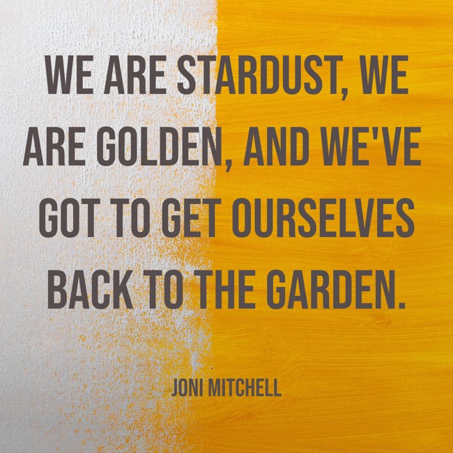 We are stardust, we are golden, and we've got to get ourselves back to the garden. - Joni Mitchell