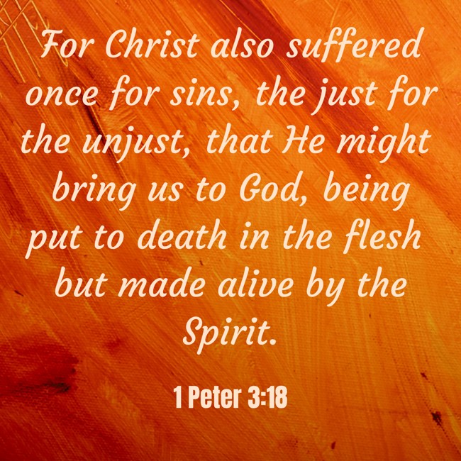 For Christ also suffered once for sins, the just for the unjust, that He might bring us to God, being put to death in the flesh but made alive by the Spirit. - 1 Peter 3:18