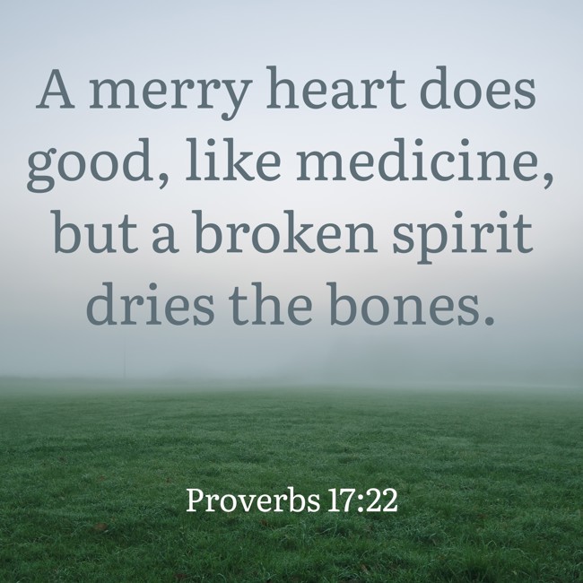 A merry heart does good, like medicine, but a broken spirit dries the bones.   - Proverbs 17:22 