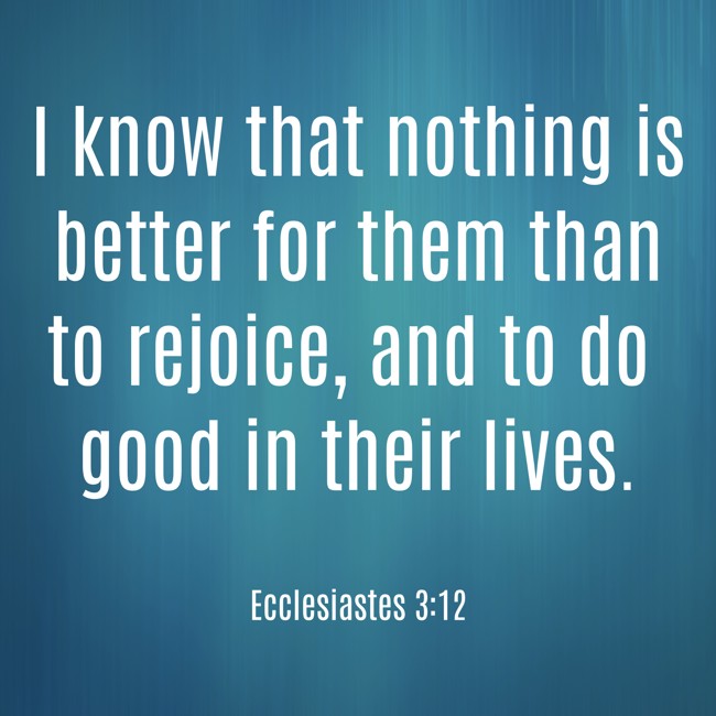  I know that nothing is better for them than to rejoice, and to do good in their lives.   - Ecclesiastes 3:12 