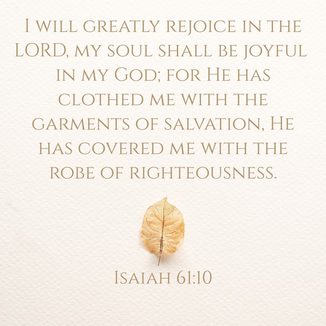  I will greatly rejoice in the LORD, my soul shall be joyful in my God; for He has clothed me with the garments of salvation, He has covered me with the robe of righteousness.   - Isaiah 61:10 